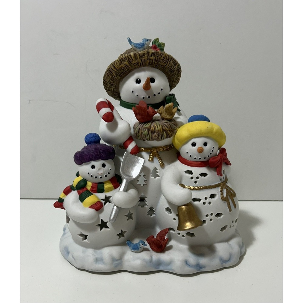Partylite Retired Snowbell 3 Snowman Tealight Candle Holder Ceramic Figurine 7"